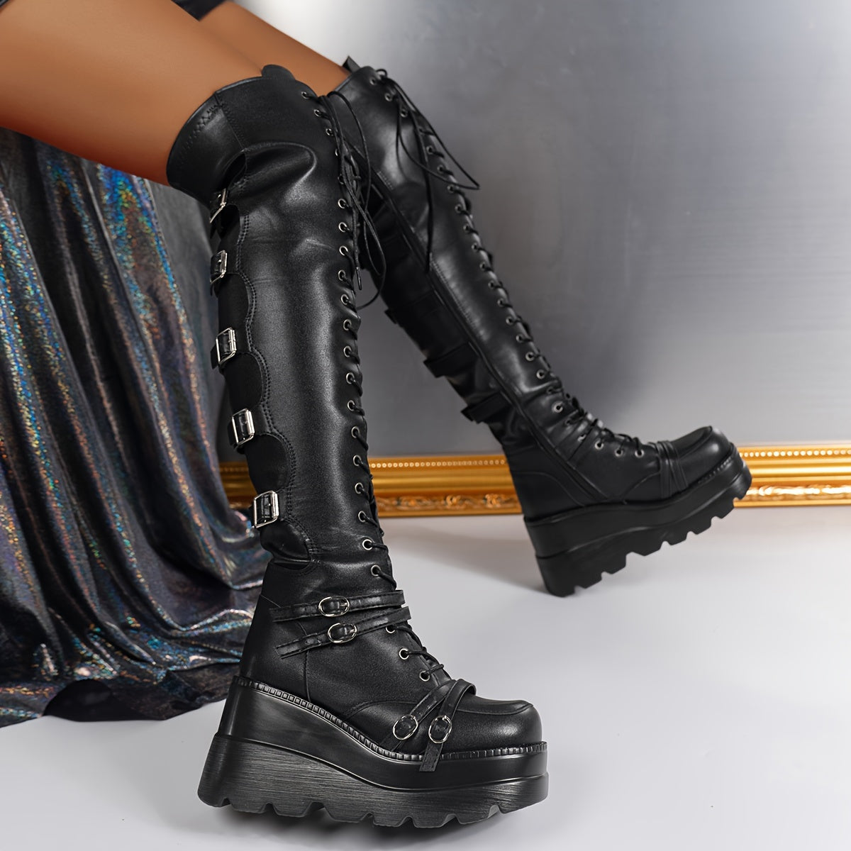 Women's Gothic Punk Boots Leather Look Side Zipper Platform Festival Footwear