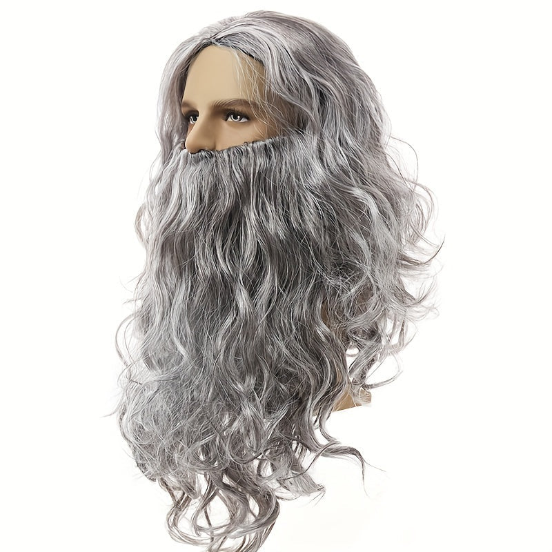 Long Grey Wavy Beard Wig for Men Cosplay Halloween Christmas Party Synthetic Heat-Resistant
