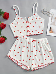 Women's Valentine's Day Heart Print Lounge Set with Lettuce Trim Camisole and Elastic Shorts