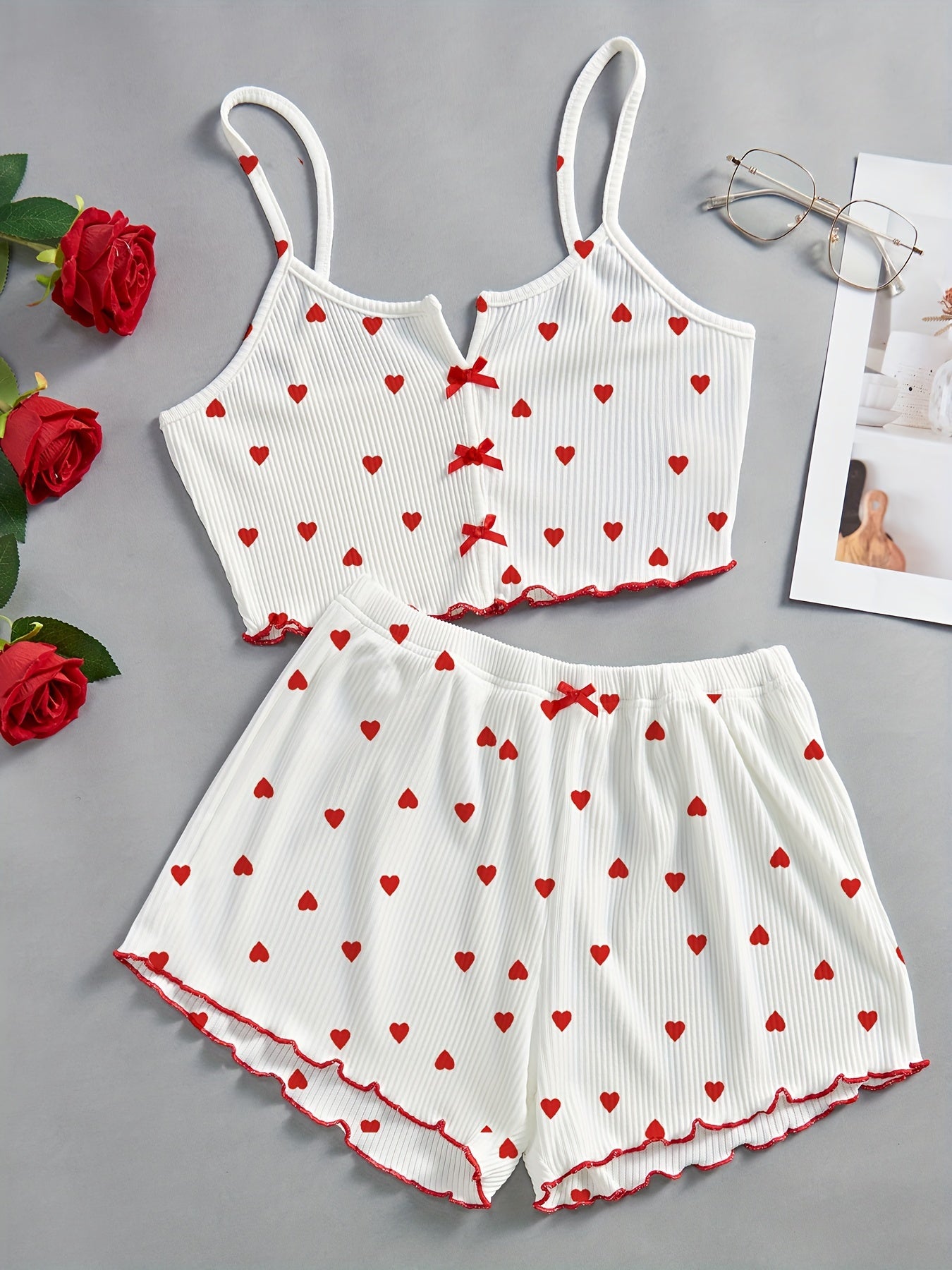 Women's Valentine's Day Heart Print Lounge Set with Lettuce Trim Camisole and Elastic Shorts