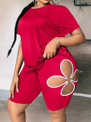 Plus Size Floral Hollow Out Sports Suit Set T-Shirt and Shorts Polyester Elastane
