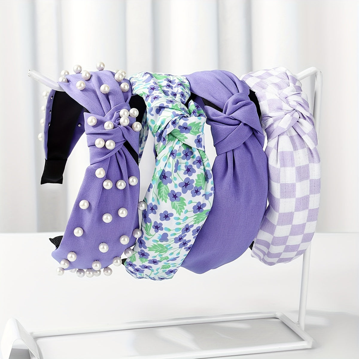 Set of 4 Women's Fabric Floral and Polka Dot Knotted Headbands with Faux Pearl Details