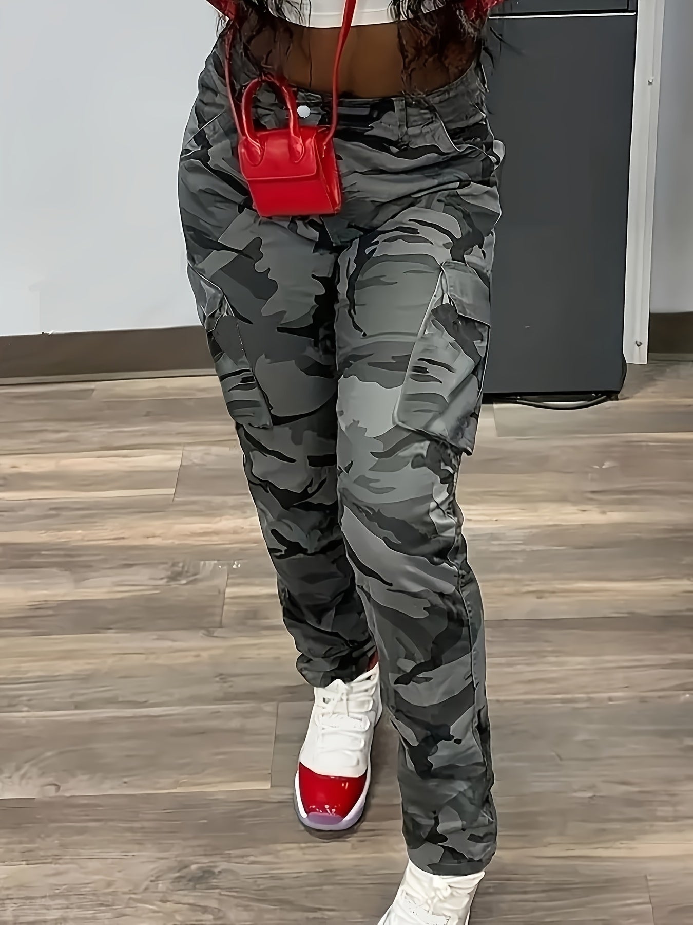 Women's Plus Size Camo Cargo Pants Rayon Blend Straight Fit Multi-Pocket