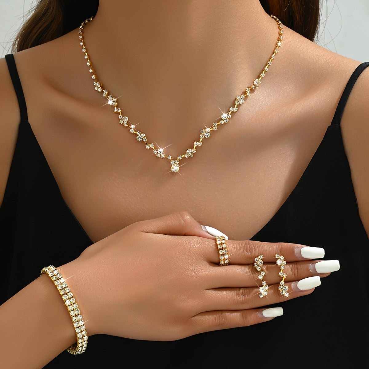 Women's Jewelry Set with Necklace Bracelet Earrings Ring in Gold Silver Black for Weddings