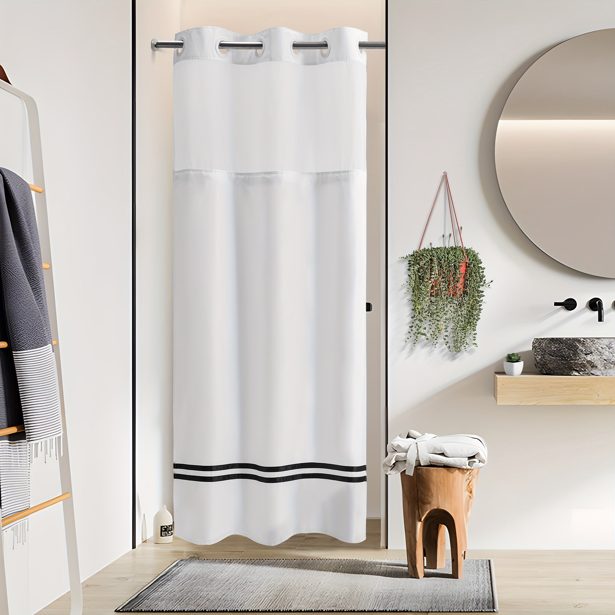 Chiziqli dush pardasi, snap-in astar bilan, tutqichlar talab qilinmaydi, mashinada yuvish mumkin, shaffof yuqori deraza bilan birga. Hammom bo'linmasi va aksessuarlar uchun ideal.