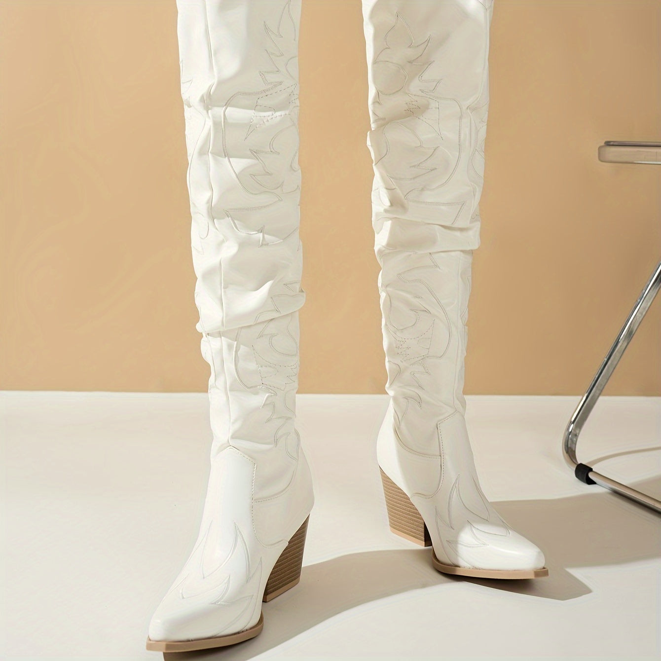 Women's Faux Leather Over-the-Knee Western Boots with Embroidery