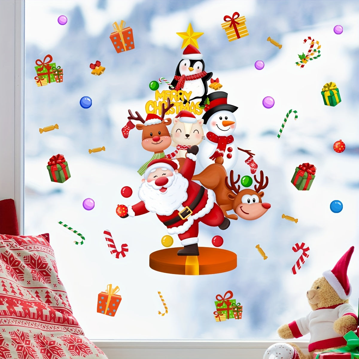 Christmas Cheer Window Clings Santa Reindeer Double-Sided 20x30cm Electrostatic Decals