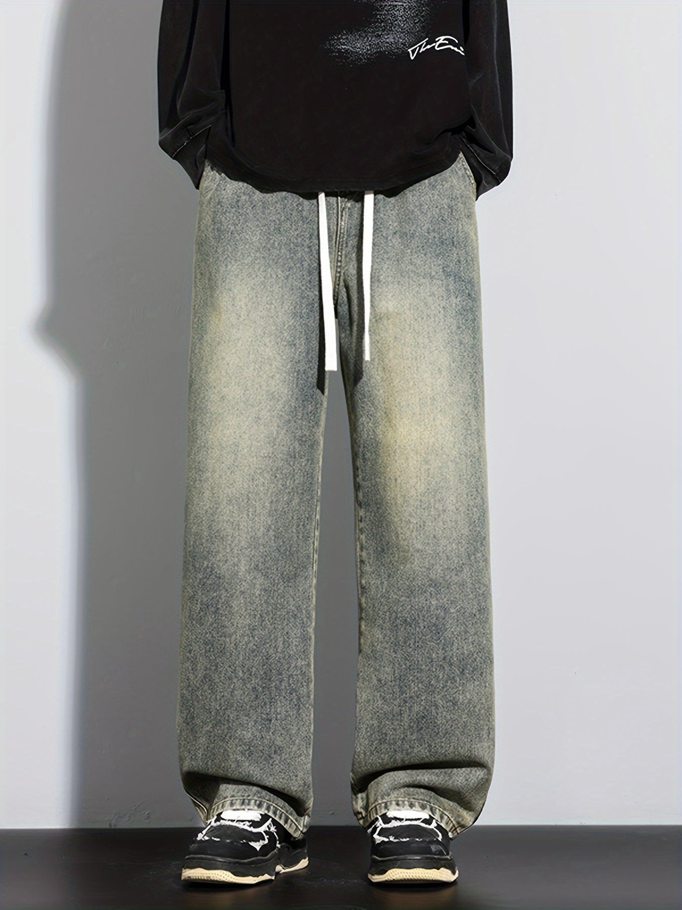 Men's Casual Loose-Fit Jeans with Elastic Waistband in Washed Denim, Non-Stretch, Available in 5 Colors