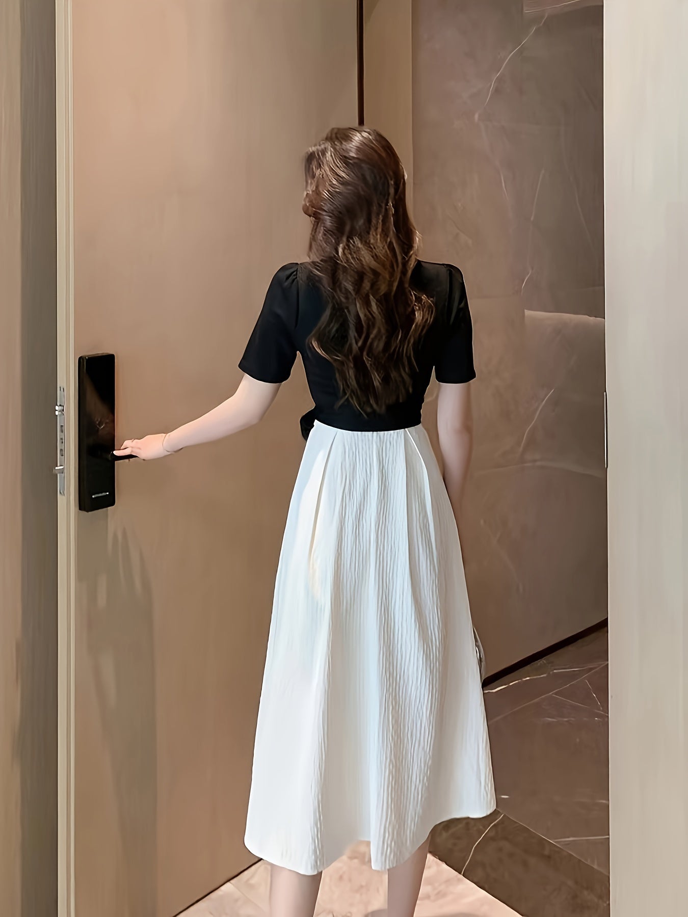 Women's A-Line Dress with High Waist Bow Short Sleeve Solid Color Spring Summer