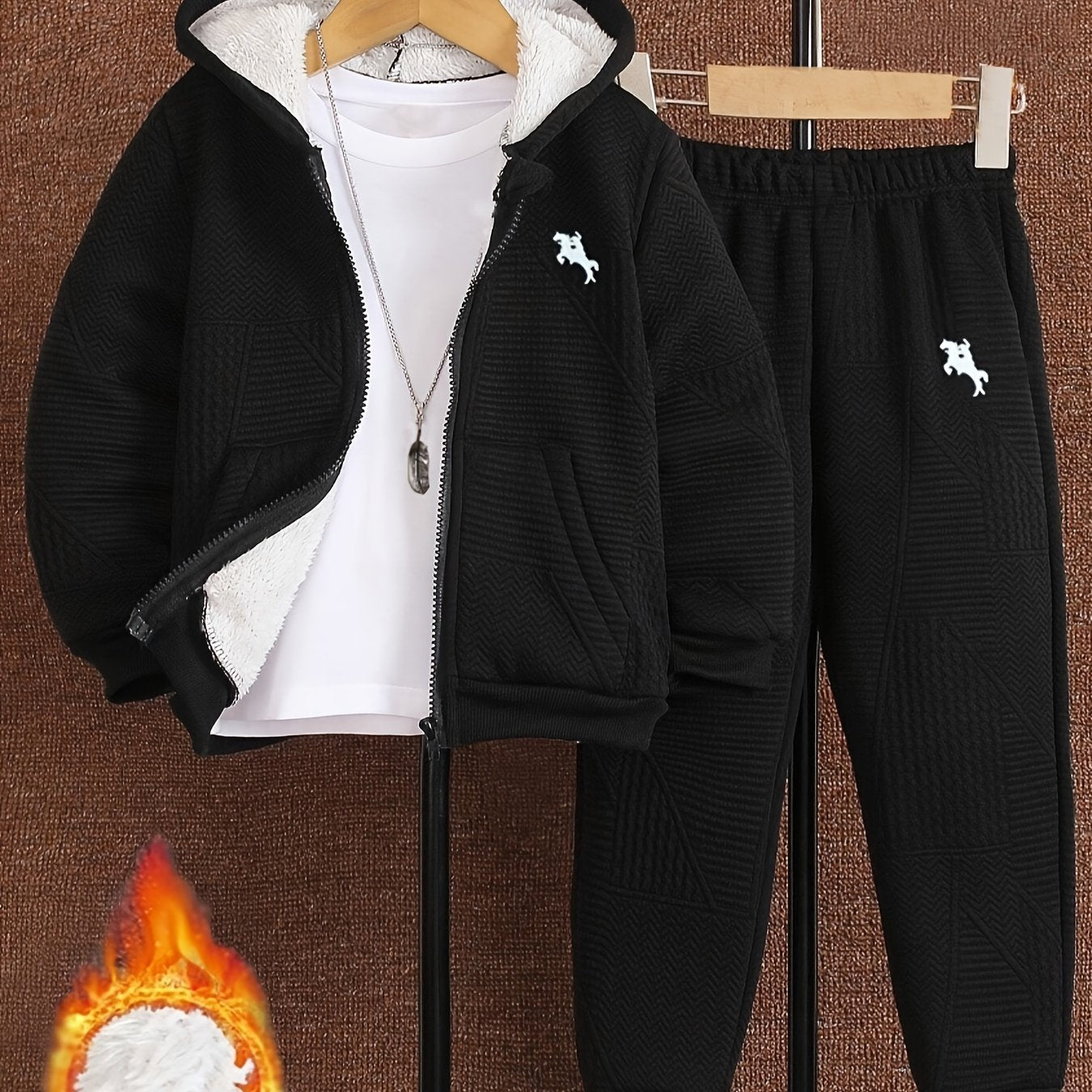 Boys' Casual Outfit Set with Hooded Jacket and Geometric Knit Pants for Fall Winter