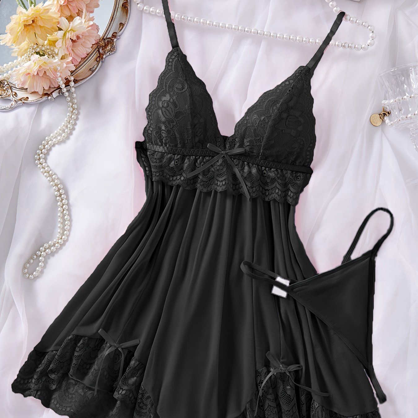 Sheer Lace Slip Dress with V-Neck Shoulder Cutouts and Thong for Women