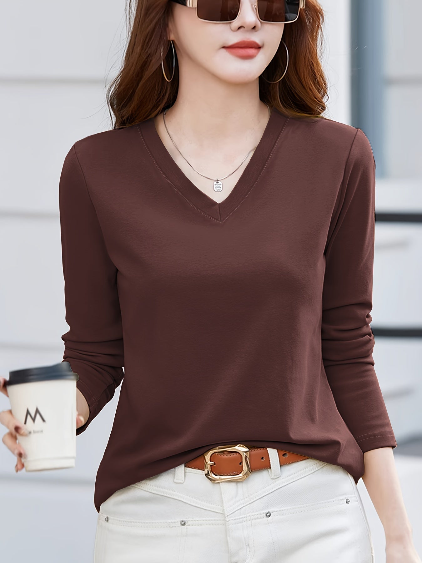 Women's Solid Color V-Neck Casual Top Polyester Spring Summer Mid Elasticity