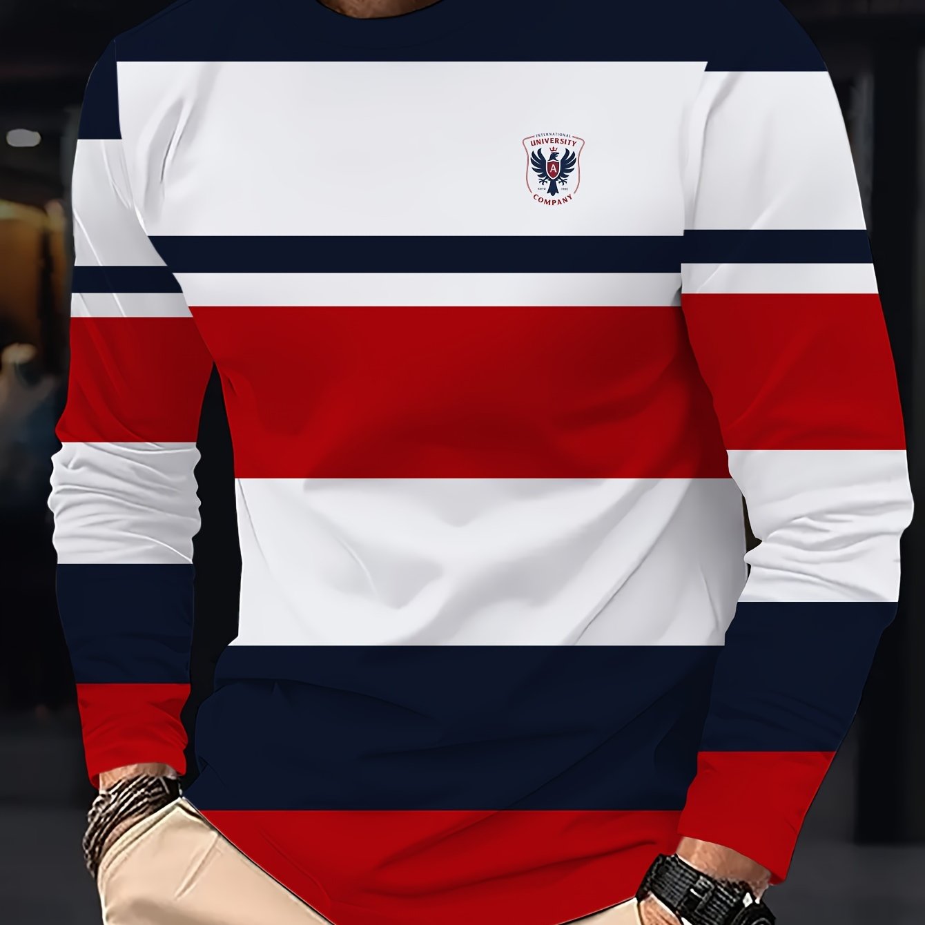 Camiseta de manga larga para hombre con estampado geométrico en 3D, poliéster, casual, otoño e invierno