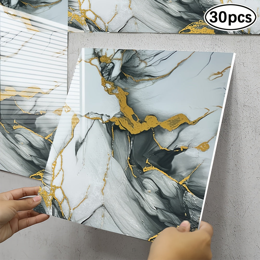 Self-Adhesive Marble Effect Wall Tile Stickers Black and Gold Waterproof PVC 30 Pack