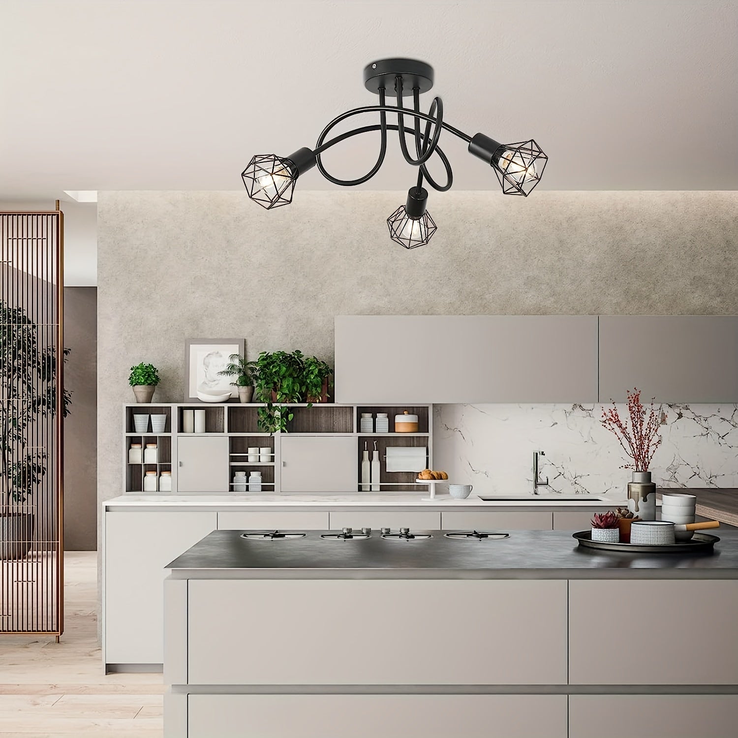 Lámpara de techo de metal negro con 3 luces, base E14, semi empotrada para dormitorio, sala de estar, comedor