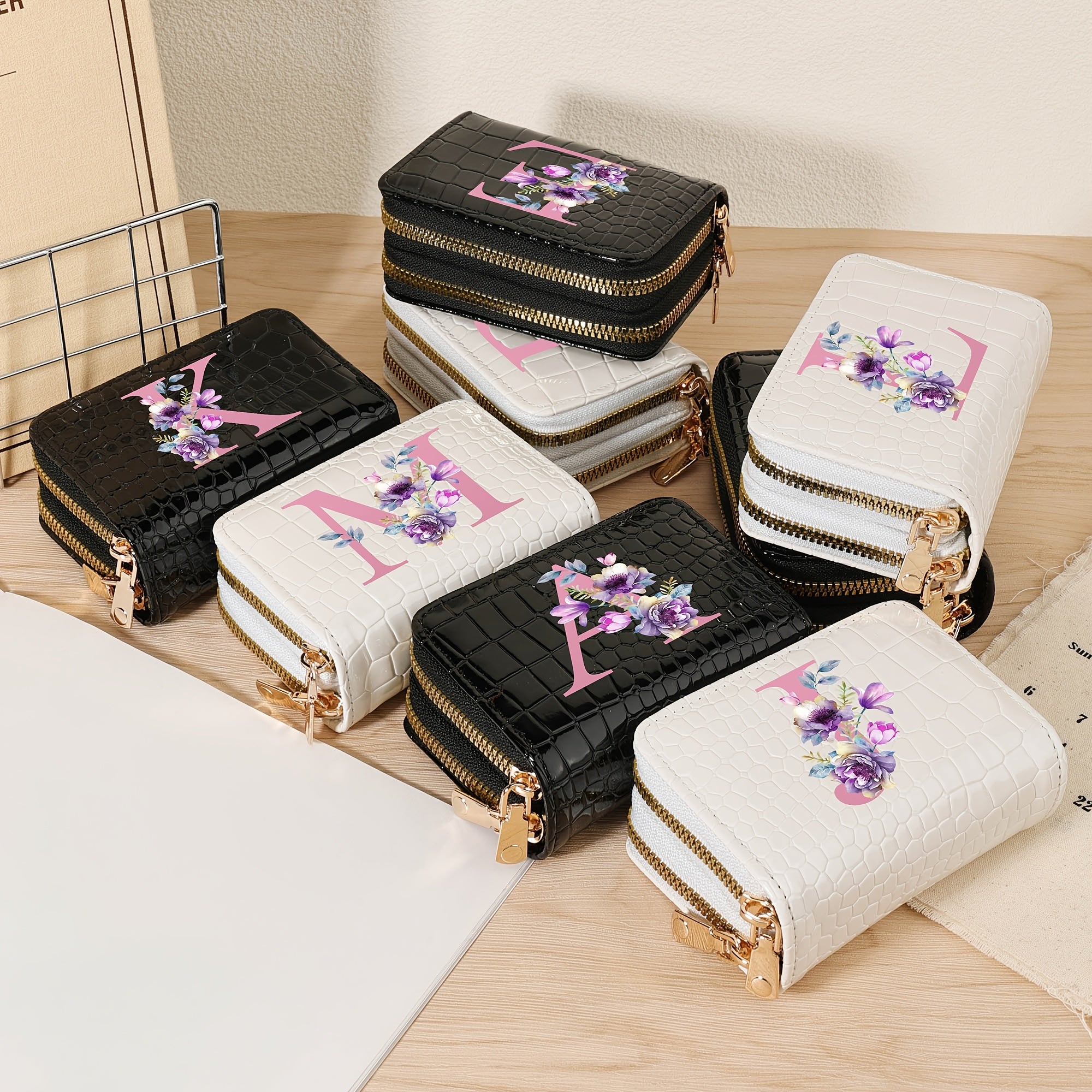 Women's Crocodile Pattern Wallet with Zipper, Double Zipper Coin Purse for Travel and Daily Use in Black White Pink