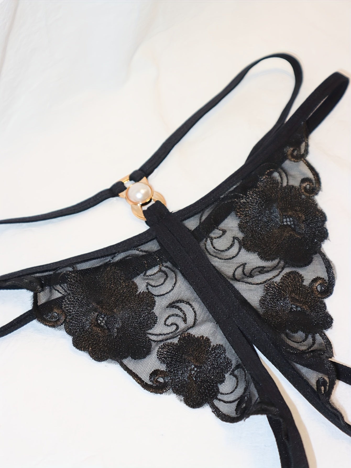 Women's Thong Lingerie with Embroidered Floral Design Made of Polyester Mesh