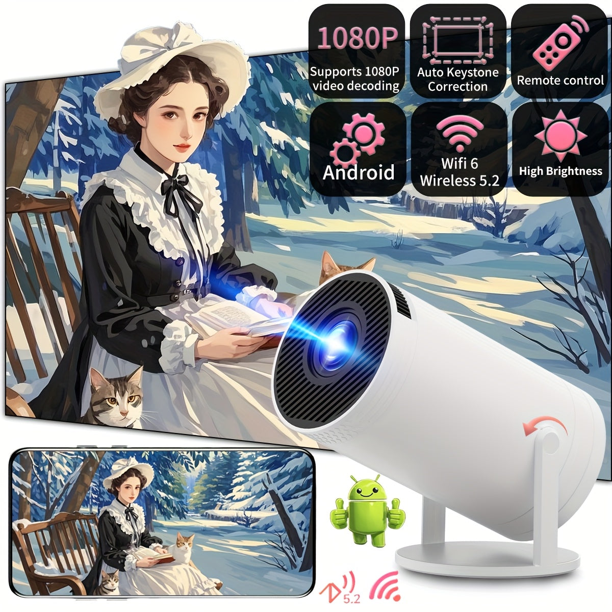 Portable Mini Projector Supports 1080P WiFi5.2 Bright Home Office