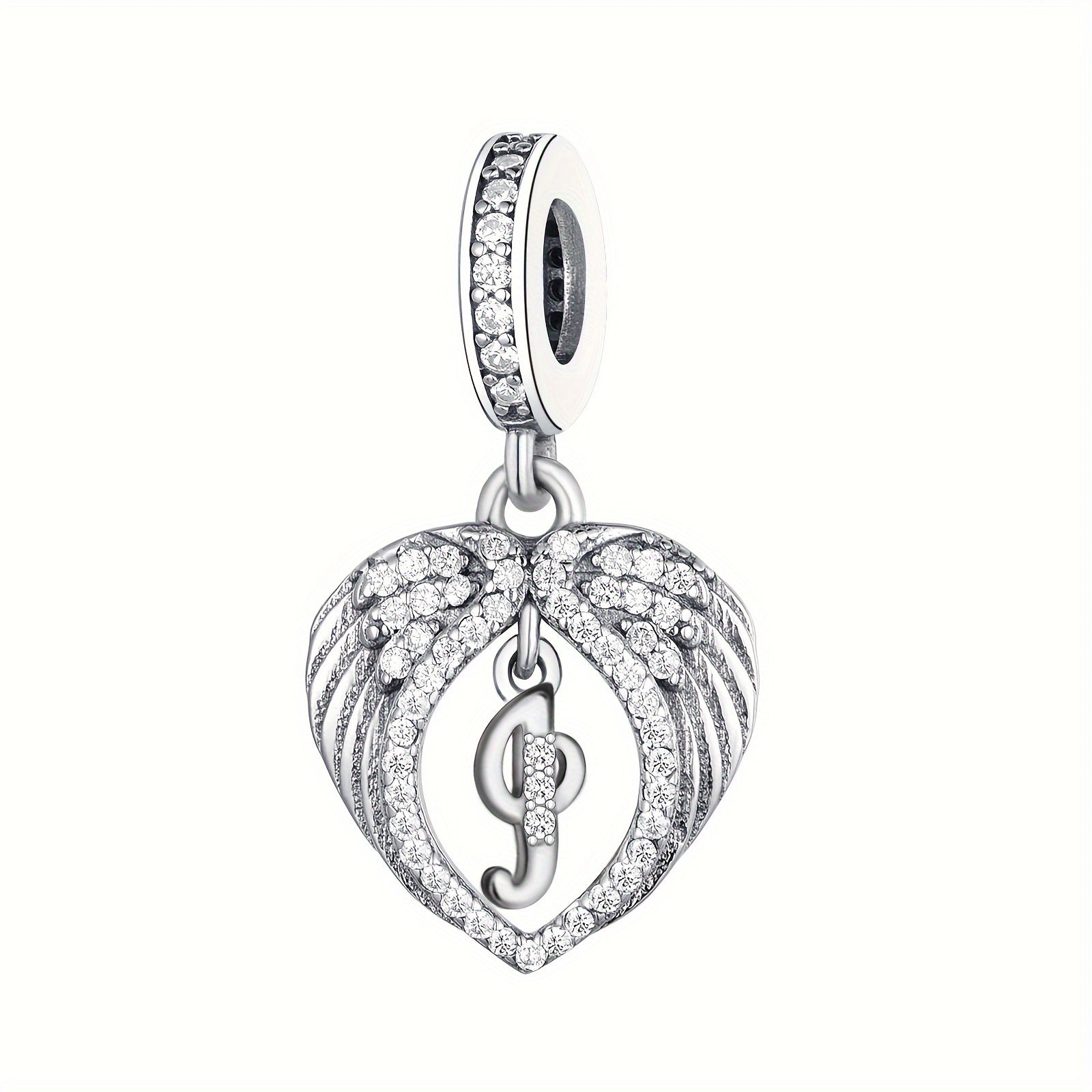 Sterling Silver Heart-Shaped Wing Pendant with Zircon Letter for DIY Jewelry