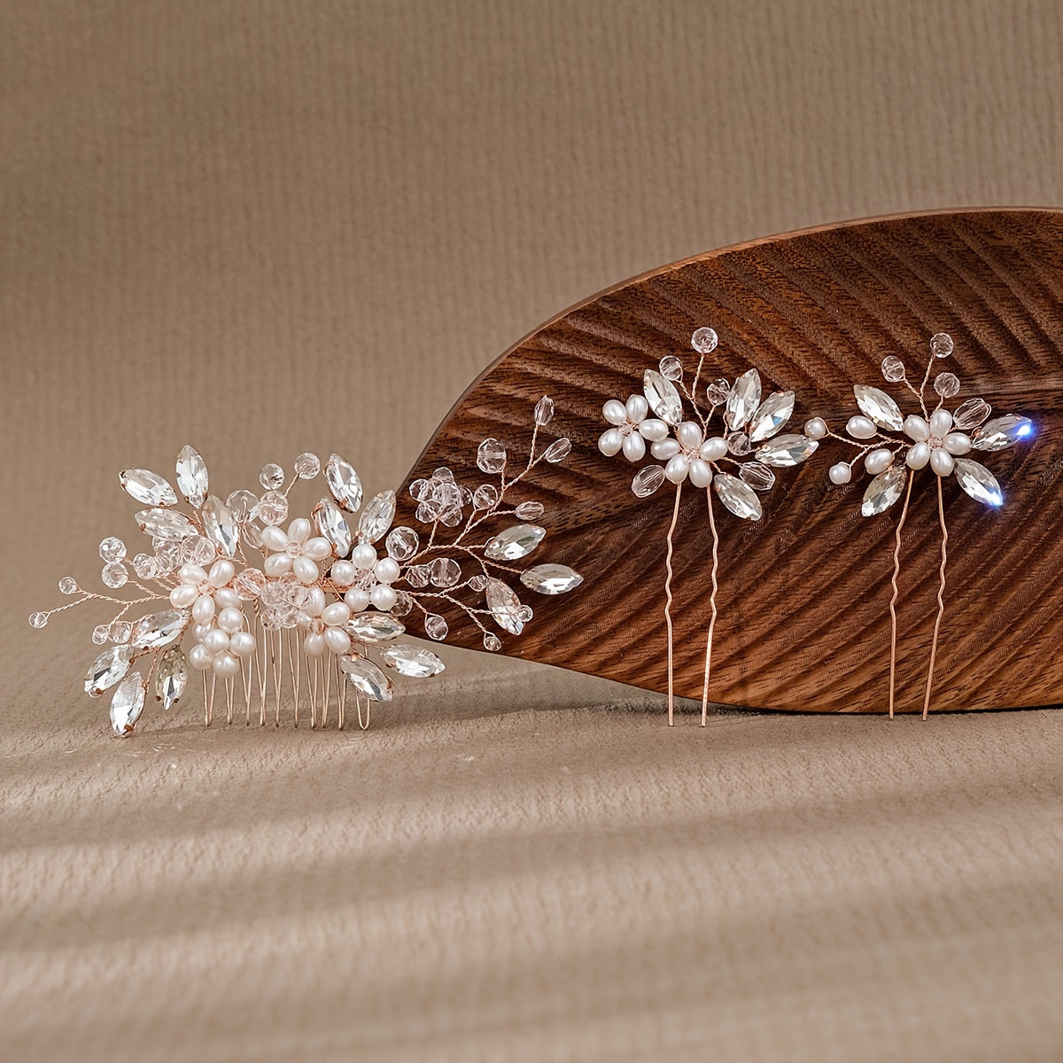 Pack of 3 Bridal Hair Accessories Faux Pearl Floral Hair Comb and Crystal Hair Pins