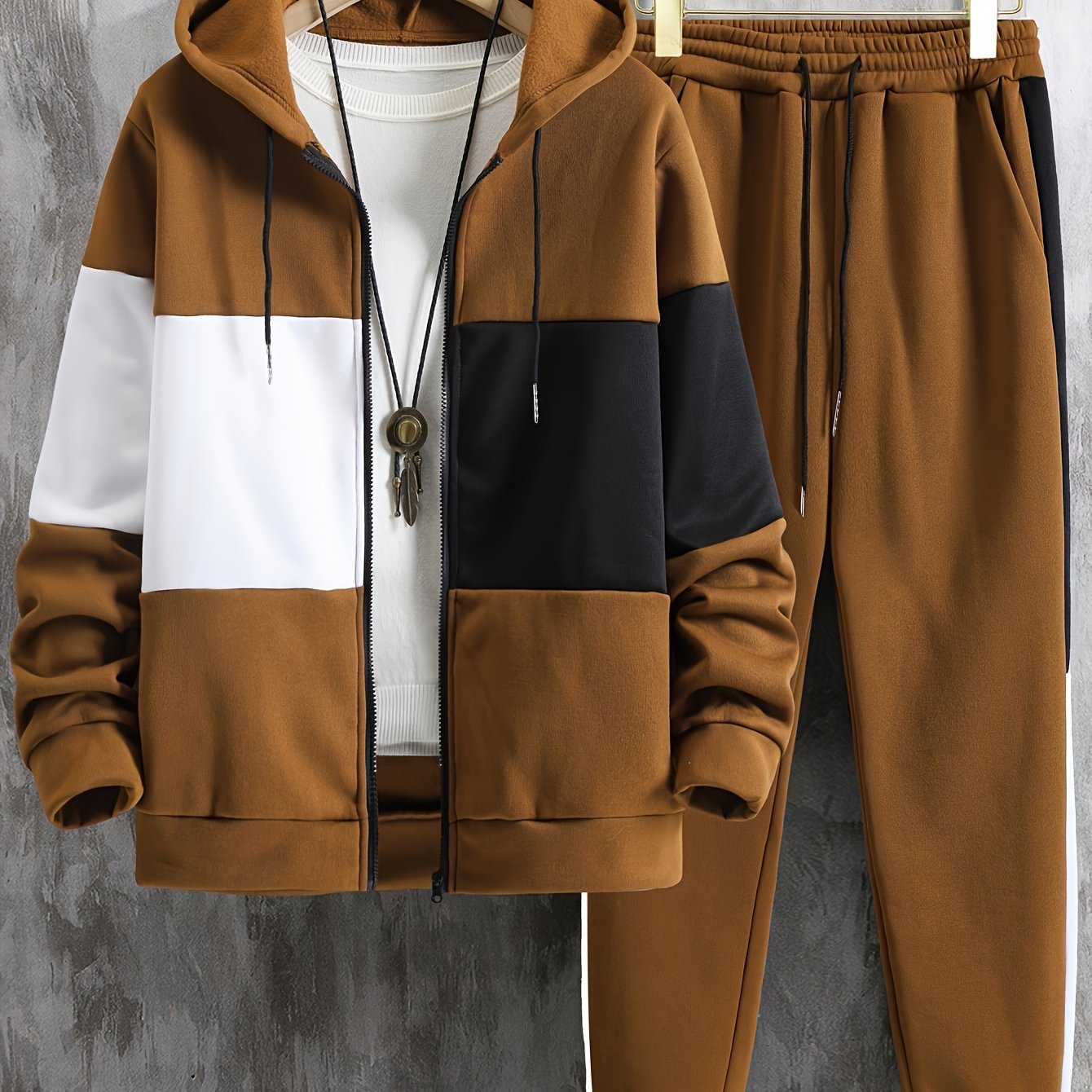 Men's Color Block Polyester Tracksuit with Hooded Zip Up Hoodie and Jogging Pants for Gym and Running