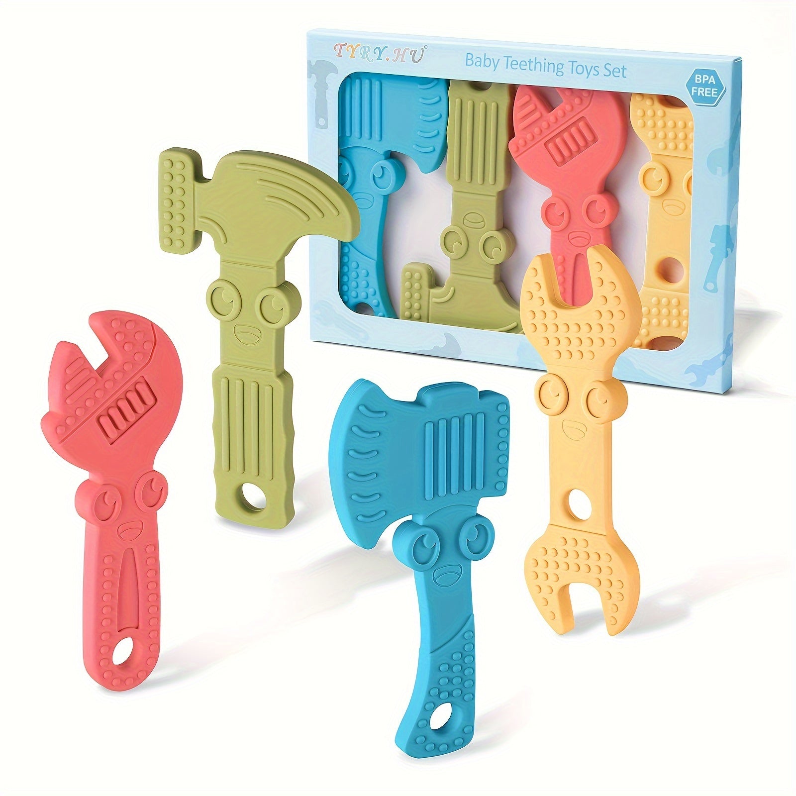 Baby Toy Set 4-Pack Silicone Tools for Toddlers Soft-Textured Hammer Wrench Spanner Pliers Gift