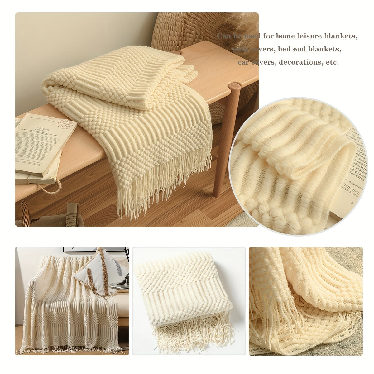 Warm Knitted Throw Blanket for Sofa Bed Car All Seasons with Tassels