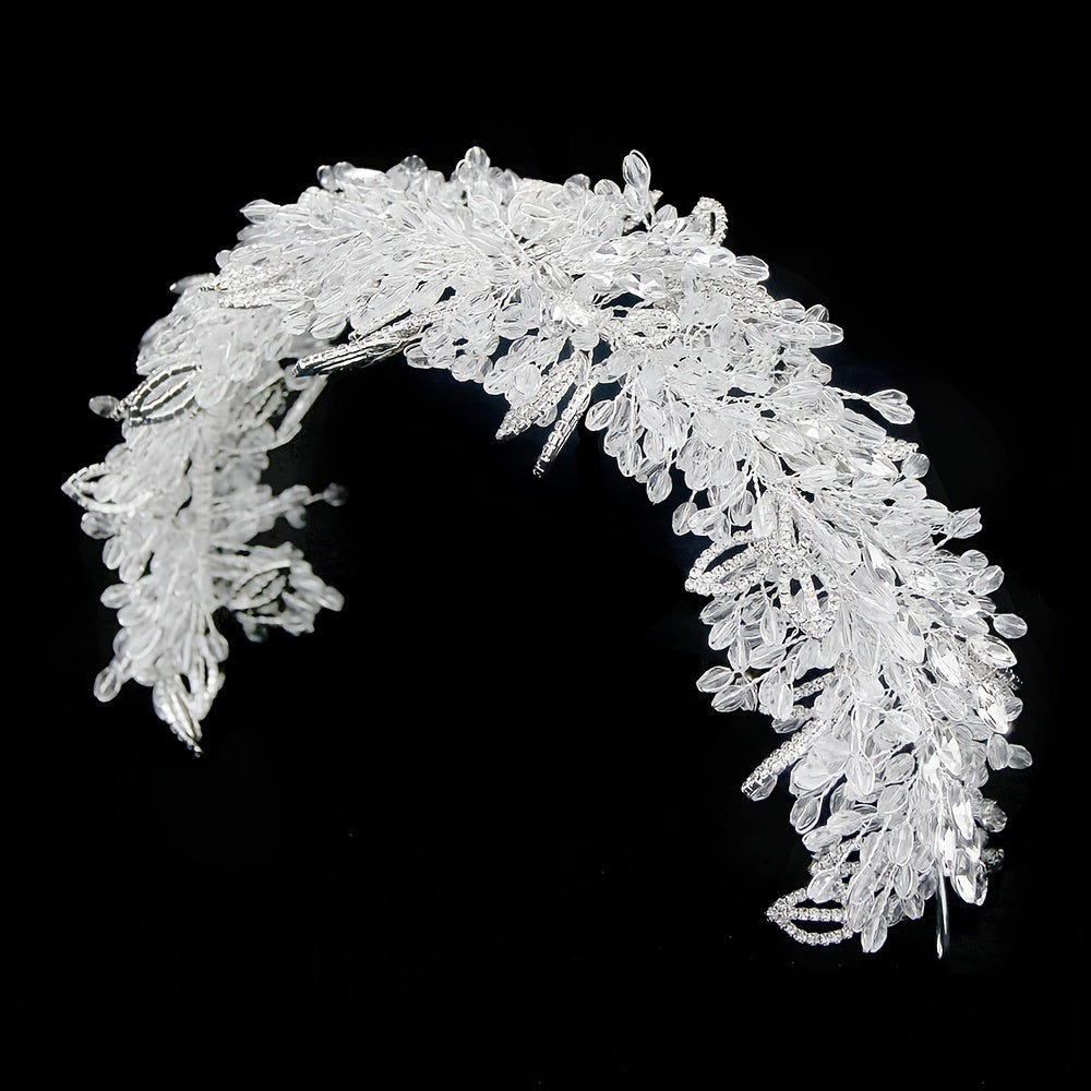 Bridal Wedding Hair Accessory Crown with White Crystals Beads Rhinestones