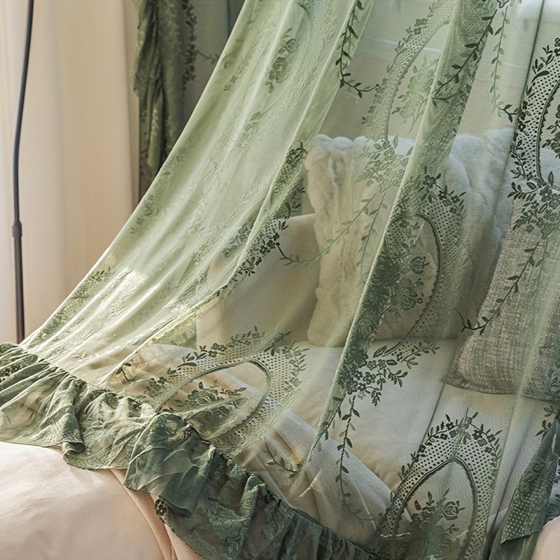 Green Floral Embroidery Sheer Short Curtain for Bedroom Living Room Kitchen