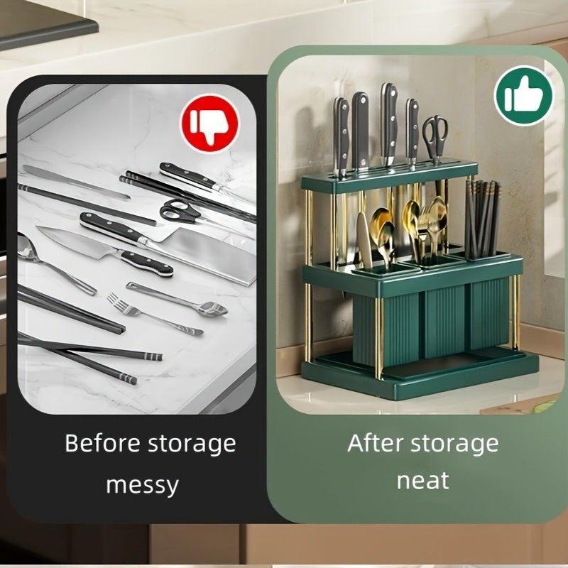 Kitchen Knife Storage Organizer with Chopsticks Tube and Integrated Storage Box