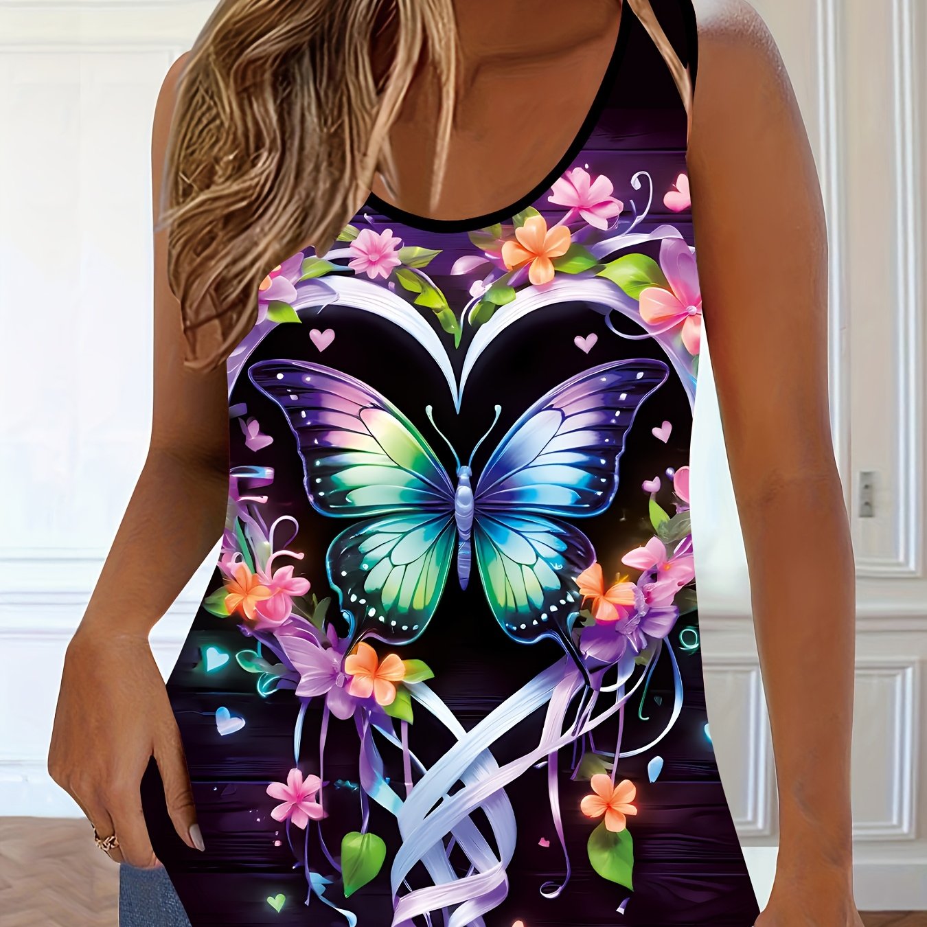 Топ без рукавов для полных женщин с принтом подсолнечника и бабочки, черный и желтый