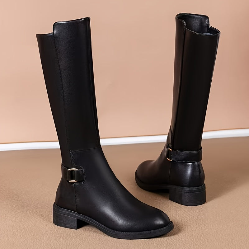 Women's Black Mid-Calf Boots Synthetic Chunky Heel Zipper Closure