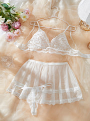 Women's Lace Lingerie Sleepwear Set Polyester Nightdress with Ruffle Details and G-String