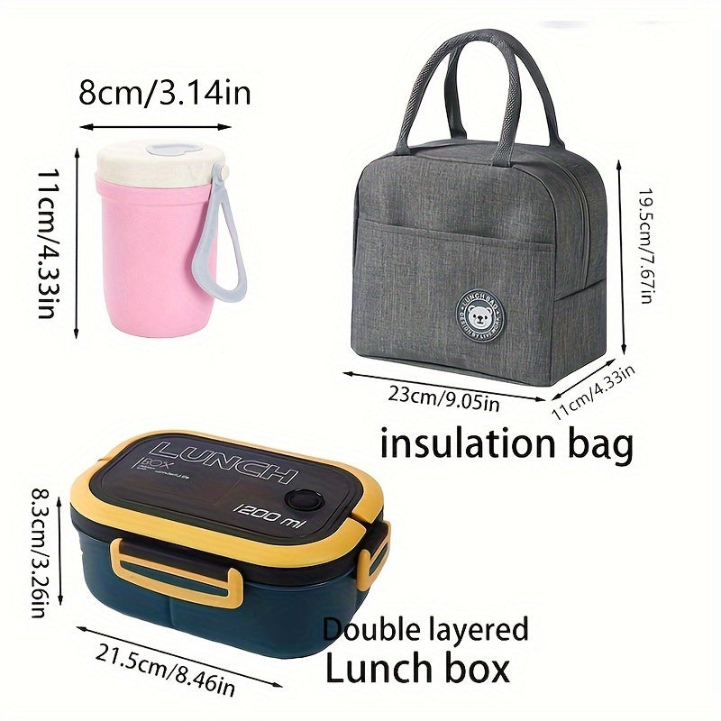 Three-Piece Lunch Bag Set with Inner Compartments and Storage Pouches for School Work Picnics and Camping