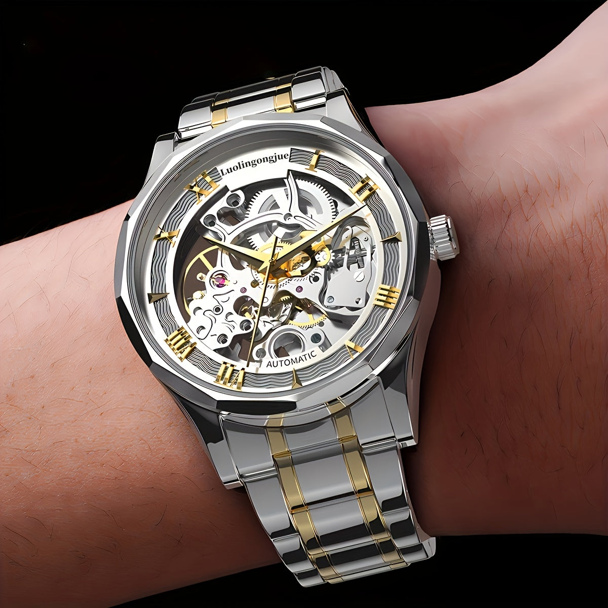 Men's Mechanical Watch Stainless Steel Strap Hollow Dial Casual Automatic Self-Winding