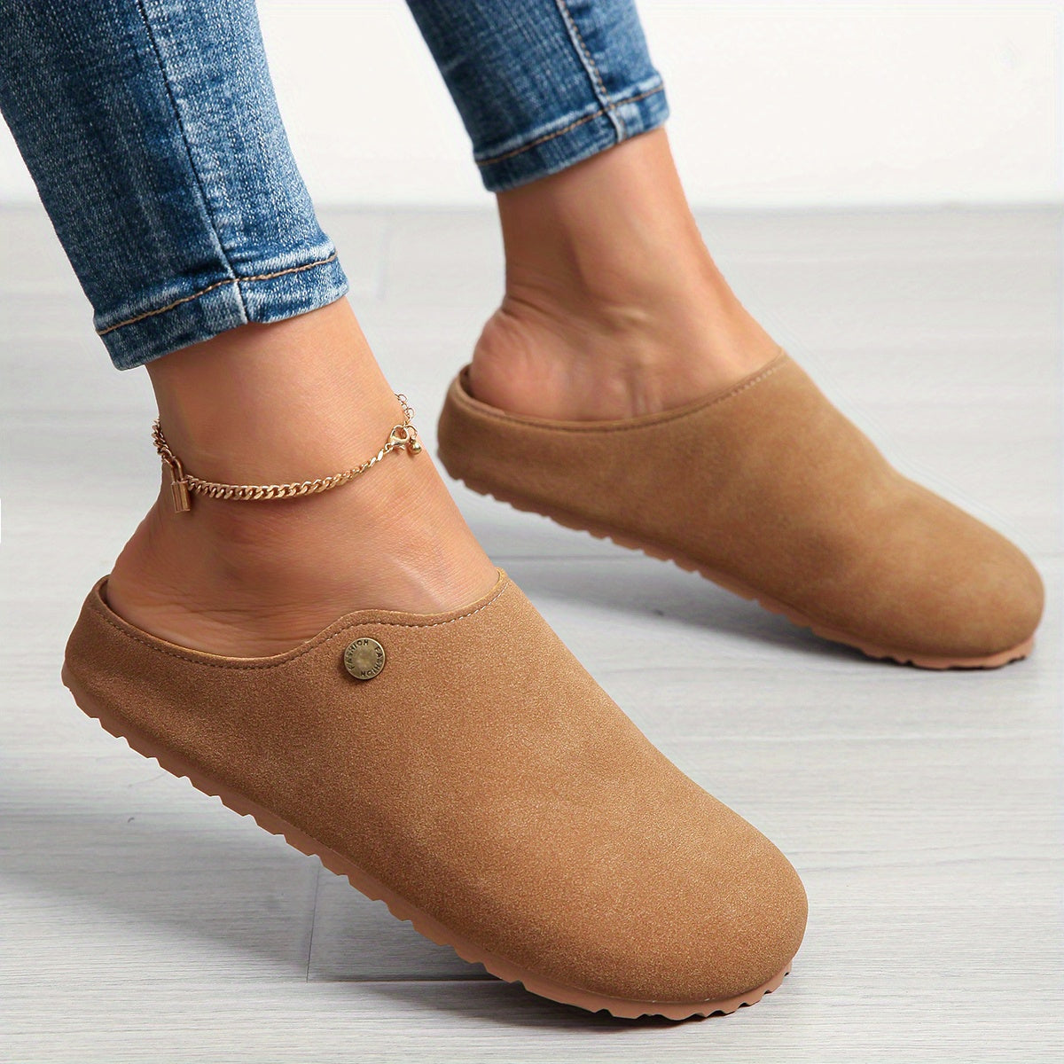 Women's Tan Mules Flat Slip-On Loafers with Ankle Strap