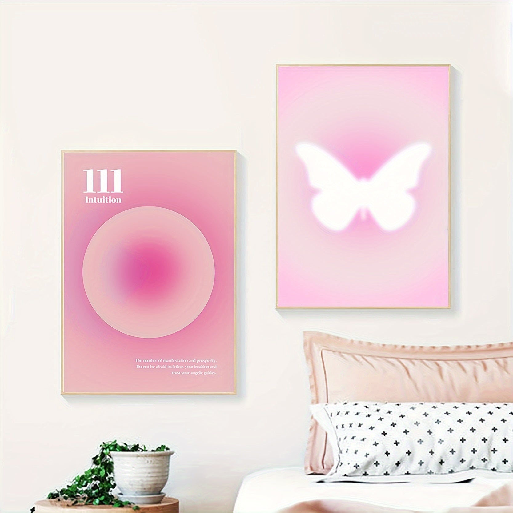 Conjunto de arte de pared en rosa claro, pinturas al óleo para habitación de niña moderna, póster de arte con halo de mariposa, decoración del hogar para dormitorio