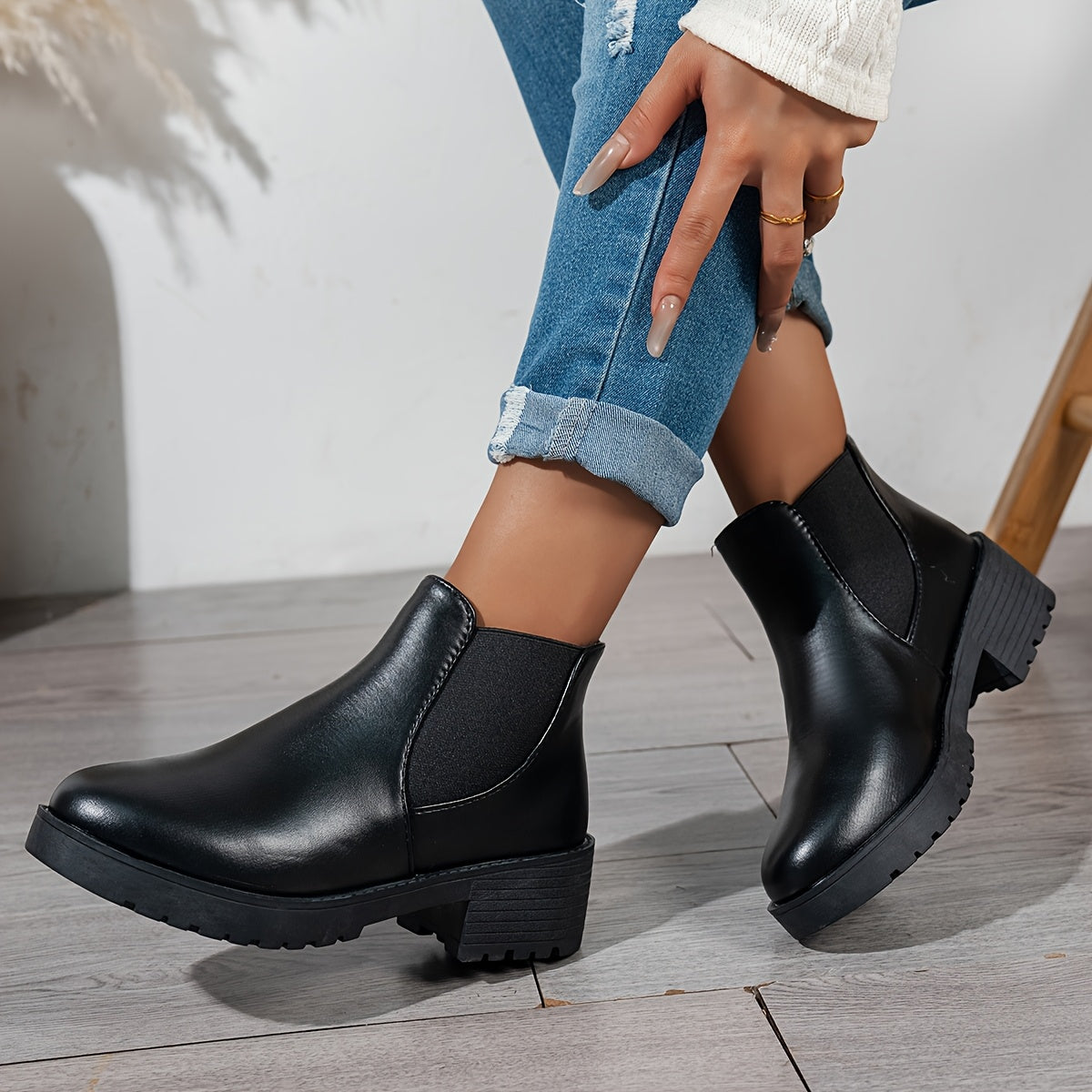 Women's Slip-On Mid-Heel Boots Black Cushioned Insole All-Season
