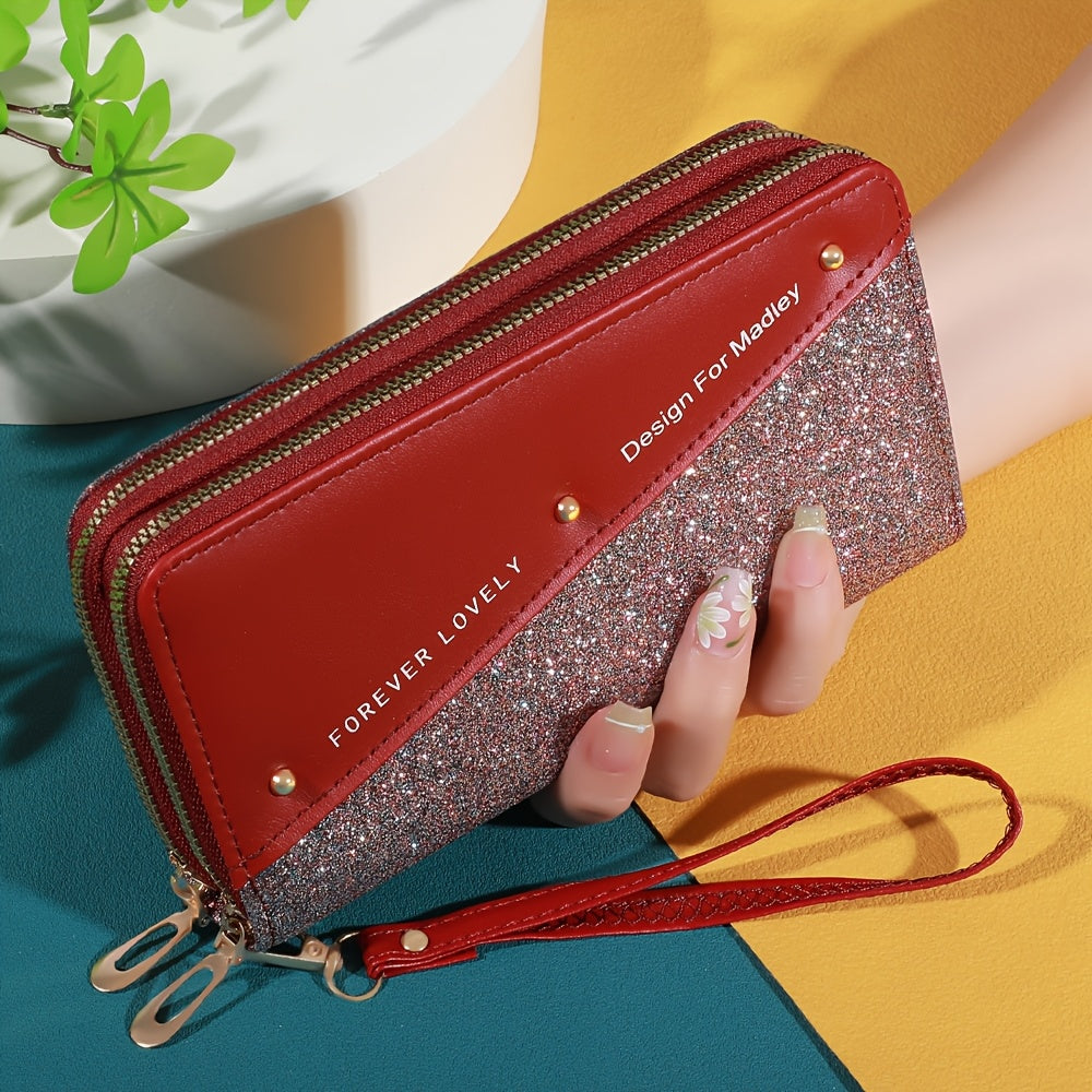 Длинный кошелек с цветными блоками, клатч с пайетками и слотами для карт для женщин