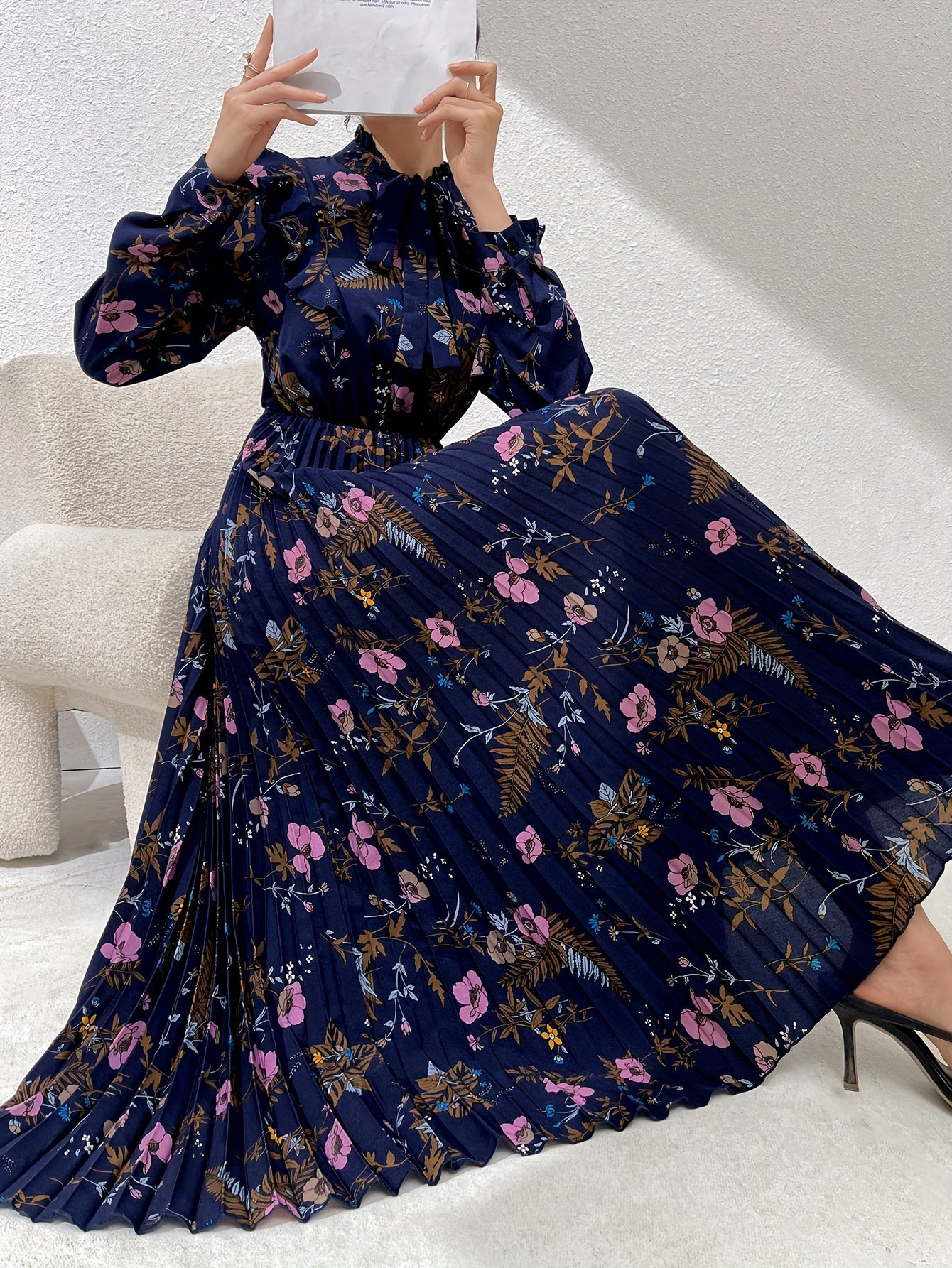 Floral Print Kaftan Dress with Tie Neck Ruffle Trim Long Sleeve Pleated Maxi for Women