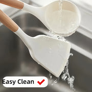 3 ta silikon non-stick pishirish asboblari to'plami, yog'och tutqichlar bilan, issiqlikka chidamli, suv o'tkazmaydigan qopqog'li qopqoq va qoshiq