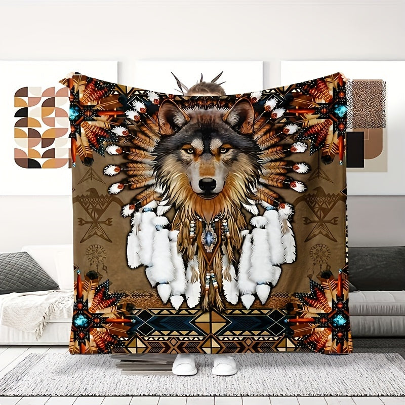 Native American Inspired Wolf Feather Print Flannel Blanket for Snuggling and Travel