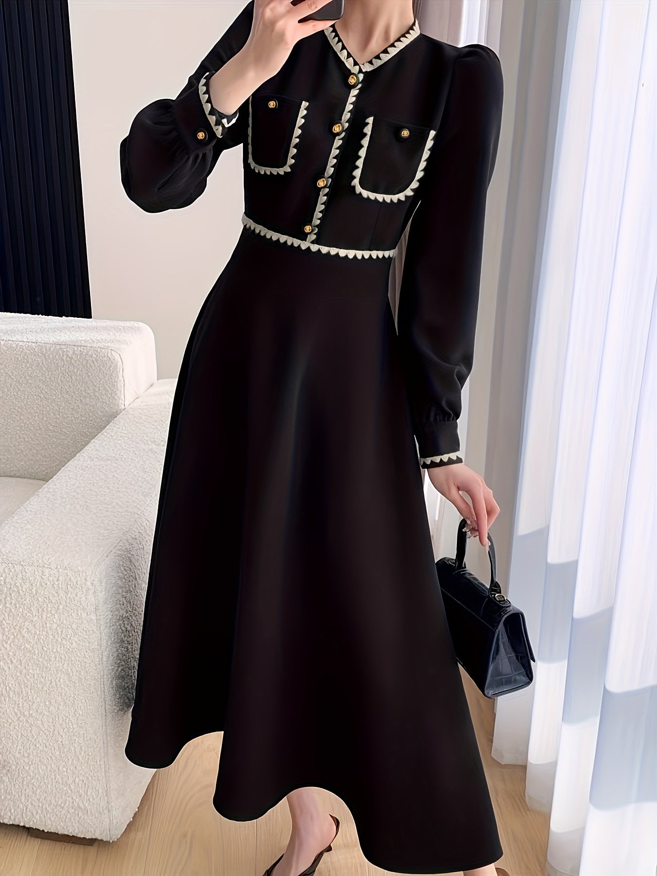 Ayollar uchun uzun yengli, V-shaklidagi va polyester matodan tayyorlangan elegant A-siluetli ko'ylak. Mashinada yuvish mumkin va bahor, yoz va kuz modasi uchun mos.