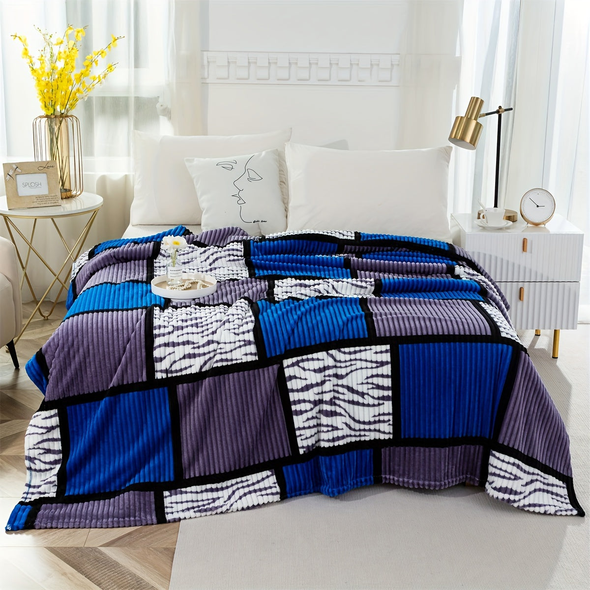 Color Block Faux Rabbit Fur Bed Blanket Cozy Throw for Bed Sofa Couch