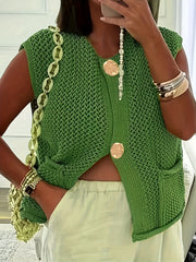 Plus Size Women's Sleeveless Vest Green Lightweight Open Front Pockets