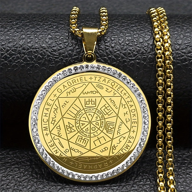 Unisex Stainless Steel Necklace with Angelic Seal Pendant Guardian Angel Amulet Rhinestone