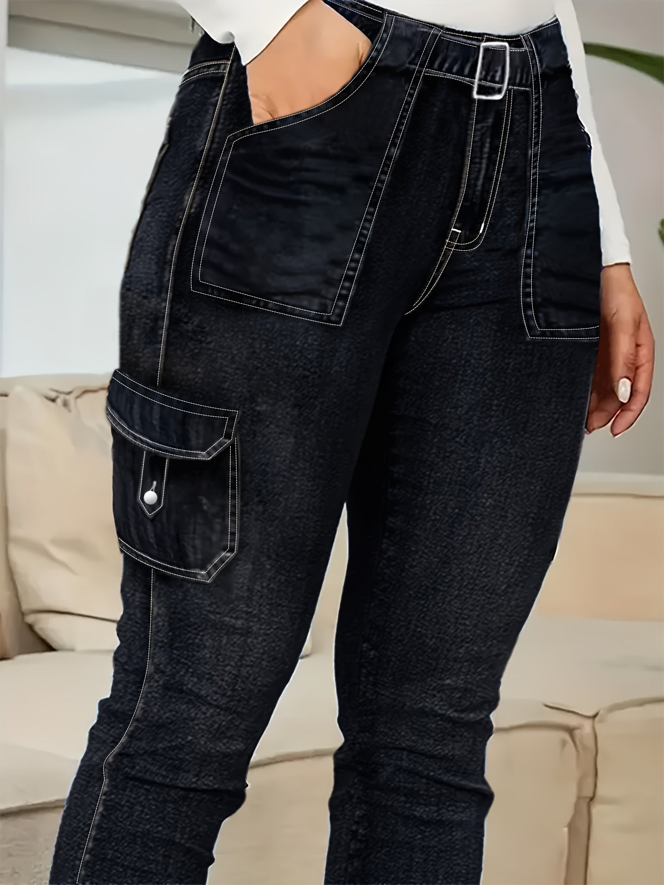 Women's Plus Size High-Waisted Skinny Jeans Dark Navy All-Season Stretch Casual Pants