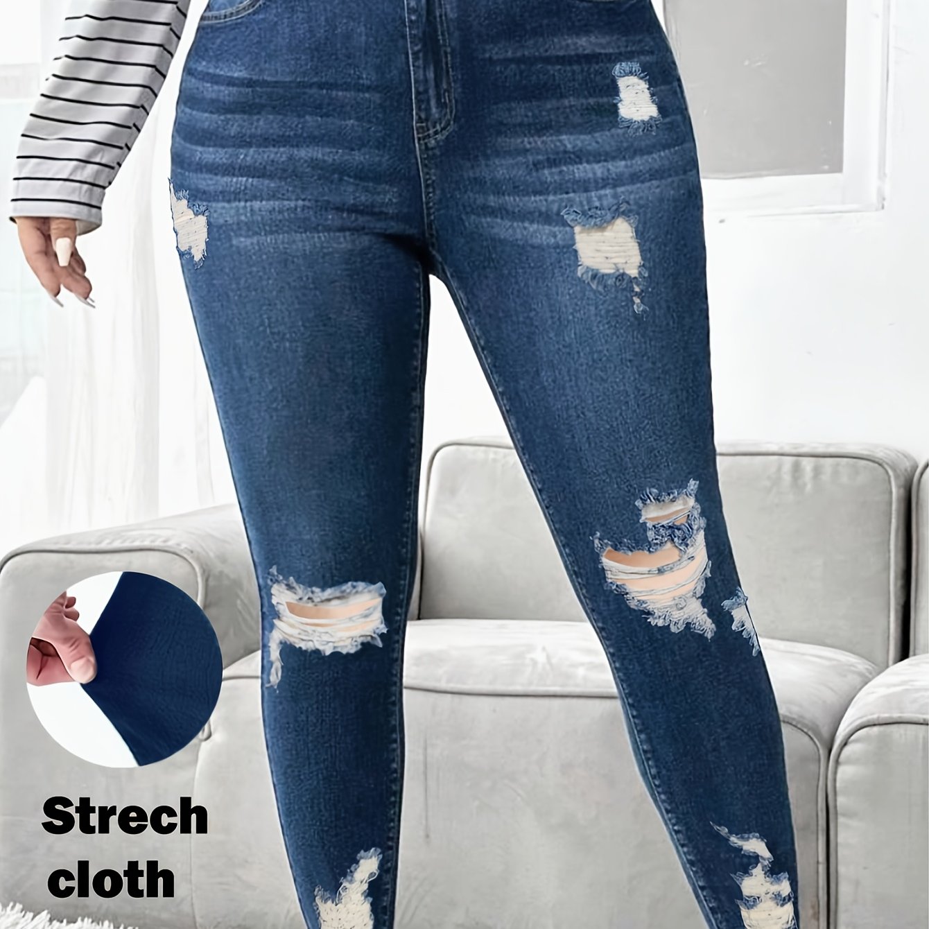 Women Plus Size High Waist Blue Ripped Skinny Jeans with Stretchy Fabric