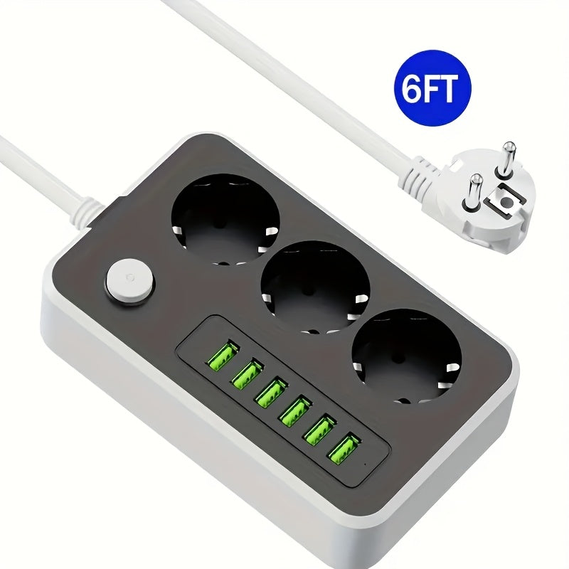 Regleta de alimentación versátil con 3 tomas de corriente AC, 6 puertos USB, cable de extensión de 149cm para hogar, oficina y exterior