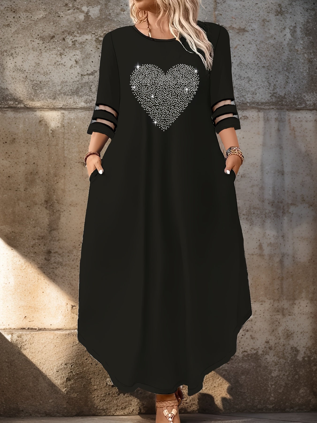 Women's Plus Size Elegant Dress with Skull Embellishments Heart Pattern Polyester Blend Stretch Fabric